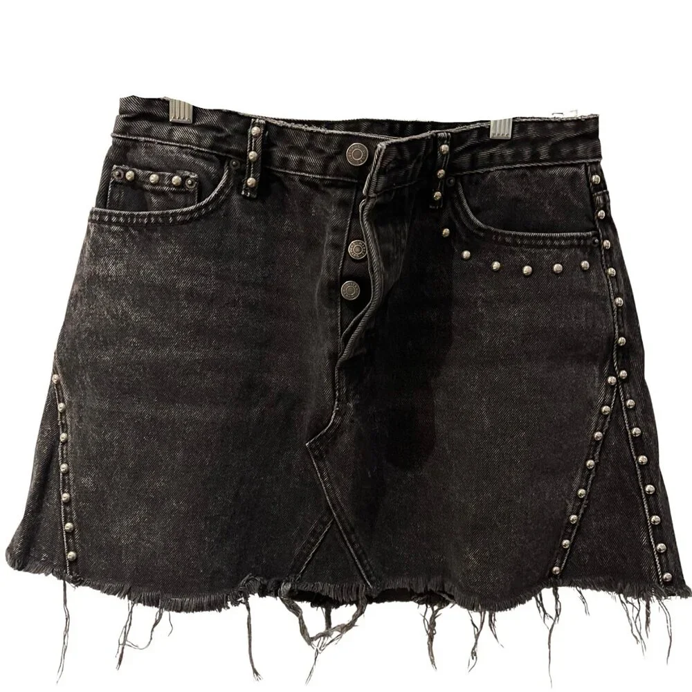 GRLFRND EVA STUDDED AND GUSSET A-FRAME BLACK DENIM MINI SKIRT, RAW EDGE, SIZE 29 - Picture 2 of 13